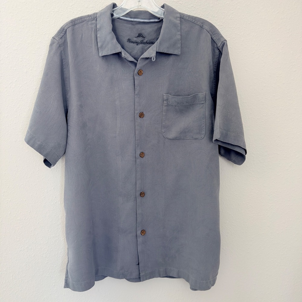 Tommy Bahama Silk Shirt Large Gray Short Sleeve Coastal Resortwear Camp